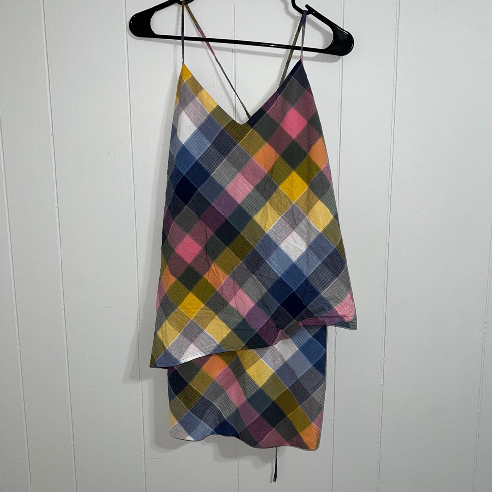 Patagonia Layered Madras Plaid Dappled Spaghetti Patchwork Multicolor Dress Sz 8